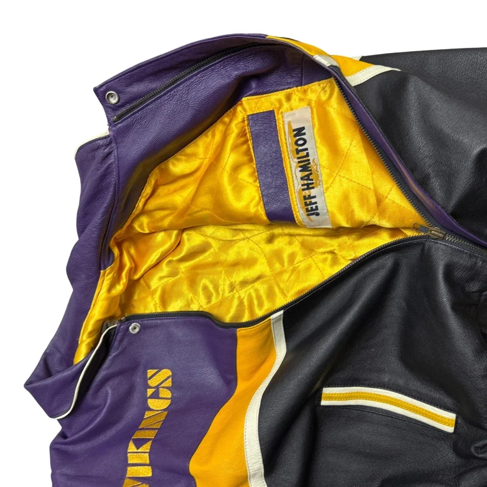 Jeff Hamilton Vintage Minnesota Vikings‎ NFL Leather Bomber Jacket Men's XL RARE
